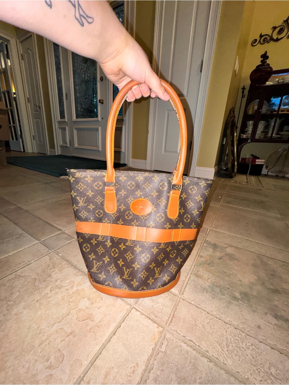 Louis Vuitton Monogram Canvas Bucket Tote with Tan Trim